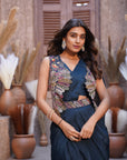 Draped saree style embroidered vest set - Navy Blue