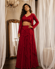 Red Rose Embroidered Lehenga Set Red