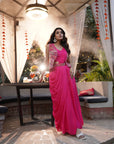 Draped Saree Style Embroidered Vest Set - Fuchsia Pink