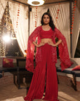 Embroidered Jacket Palazzo Set - Red