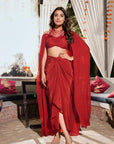 Elevated Draped Skirt Cape Set - Rust Red