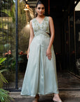 Embroidered Cutout Waist Jumpsuit - Pale Blue