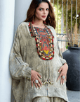 Embroidered Tunic with Draped Pants - Gray