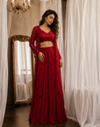 Red Rose Embroidered Lehenga Set Red