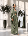 Foil Print Draped Co-ord Set with Ruffle Shrug Green