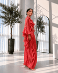 Foil Print Draped Co-ord Set with Ruffle Shrug Red