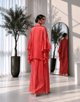 Foil Print Draped Co-ord Set with Ruffle Shrug Red