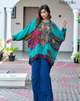 Embroidered Tunic with Draped Pants - Blue