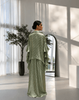 Foil Print Draped Co-ord Set with Ruffle Shrug Green