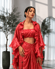 Foil Print Draped Co-ord Set with Ruffle Shrug Red