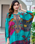 Embroidered Tunic with Draped Pants - Blue