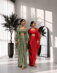 Foil Print Draped Co-ord Set with Ruffle Shrug Red
