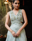 Embroidered Cutout Waist Jumpsuit - Pale Blue