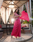 Draped Saree Style Embroidered Vest Set - Fuchsia Pink