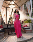 Draped Saree Style Embroidered Vest Set - Fuchsia Pink