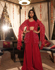 Embroidered Jacket Palazzo Set - Red