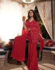 Embroidered Jacket Palazzo Set - Red
