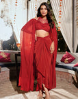 Elevated Draped Skirt Cape Set - Rust Red