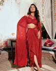 Elevated Draped Skirt Cape Set - Rust Red