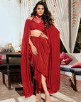 Elevated Draped Skirt Cape Set - Rust Red