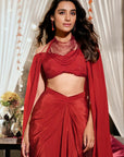 Elevated Draped Skirt Cape Set - Rust Red