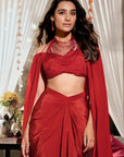 Elevated Draped Skirt Cape Set - Rust Red