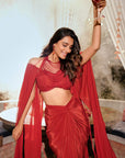 Elevated Draped Skirt Cape Set - Rust Red