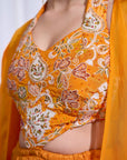 Rizabella Women Sitara Orange Printed Fusion Drape Skirt Set with Cape