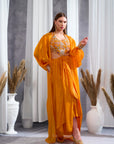Rizabella Women Sitara Orange Printed Fusion Drape Skirt Set with Cape