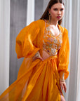 Rizabella Women Sitara Orange Printed Fusion Drape Skirt Set with Cape