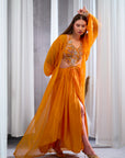 Rizabella Women Sitara Orange Printed Fusion Drape Skirt Set with Cape