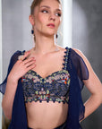 Rizabella Women Zaria Navy Blue Embroidered Lehenga Set with Sheer Cape