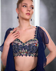 Rizabella Women Zaria Navy Blue Embroidered Lehenga Set with Sheer Cape