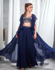 Rizabella Women Zaria Navy Blue Embroidered Lehenga Set with Sheer Cape