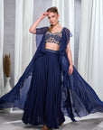 Rizabella Women Zaria Navy Blue Embroidered Lehenga Set with Sheer Cape