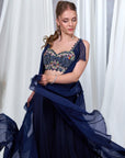 Rizabella Women Zaria Navy Blue Embroidered Lehenga Set with Sheer Cape