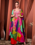 RIZABELLA Women Multicolor Printed Fusion Drape Skirt Set - Pink