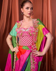 RIZABELLA Women Multicolor Printed Fusion Drape Skirt Set - Pink