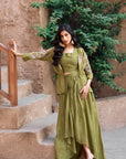 Olive green embellished sleeves shrug set