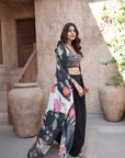 Floral Chiffon Beaded Contemporary Set - Black