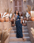 Draped saree style embroidered vest set - Navy Blue