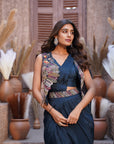 Draped saree style embroidered vest set - Navy Blue