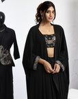 Embroidered Blouse With Cape & Drape Skirt