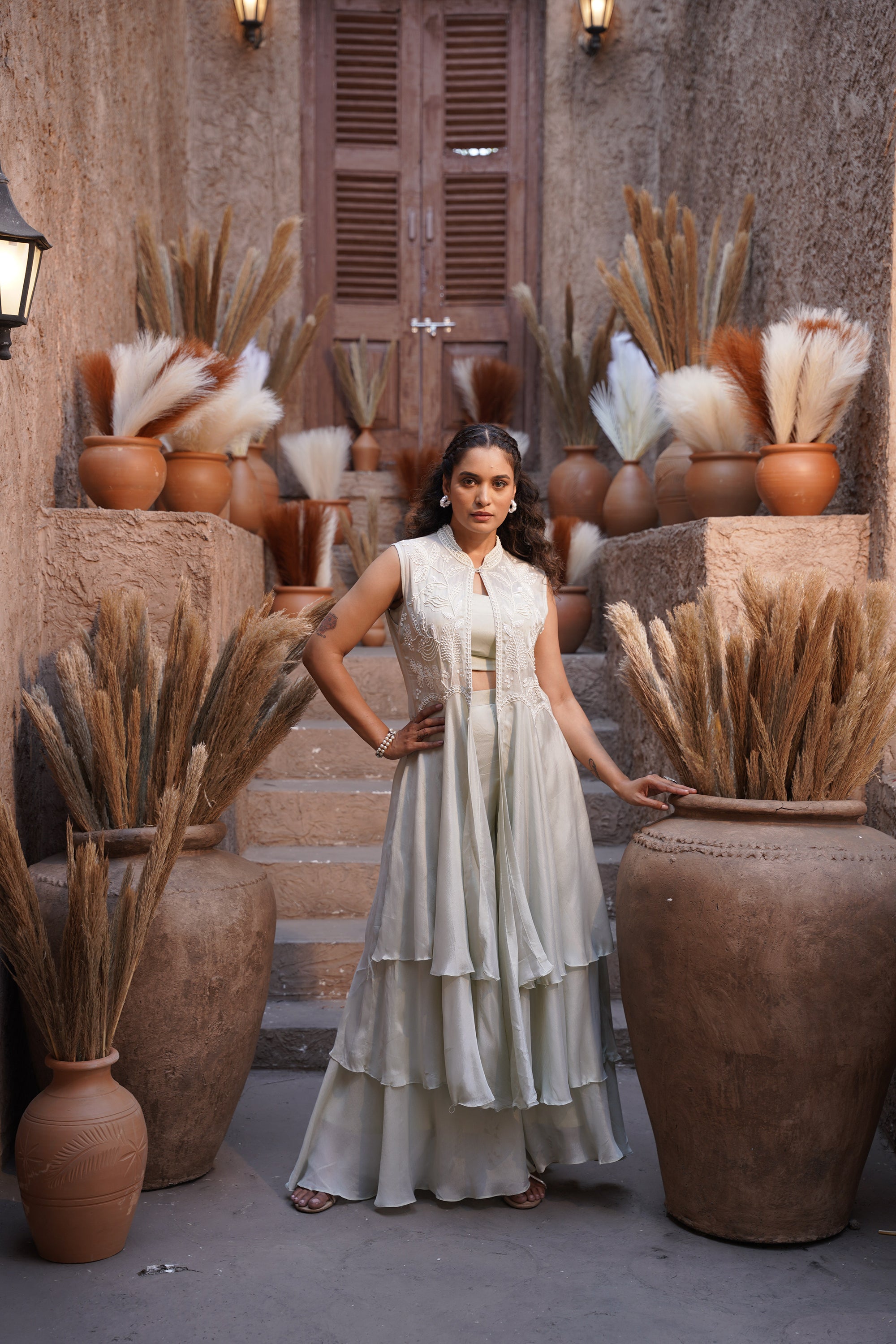 Beaded long jacket set - Ivory