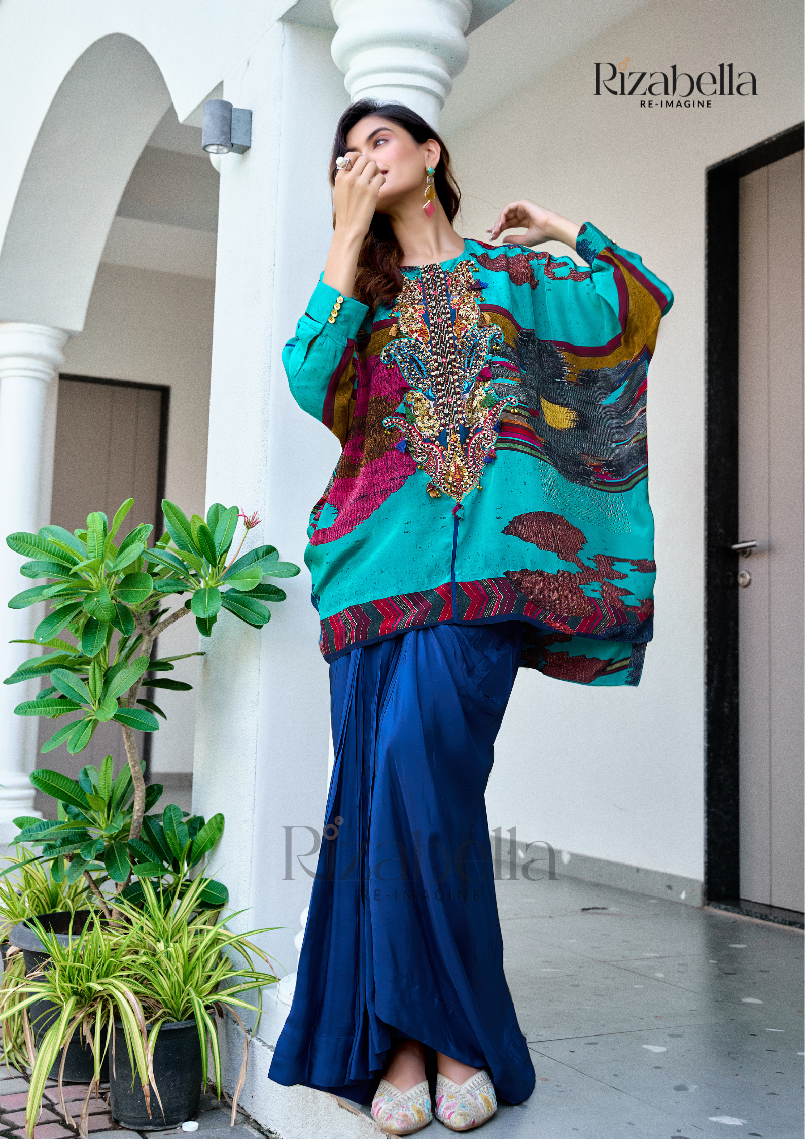 Embroidered Tunic with Draped Pants - Blue
