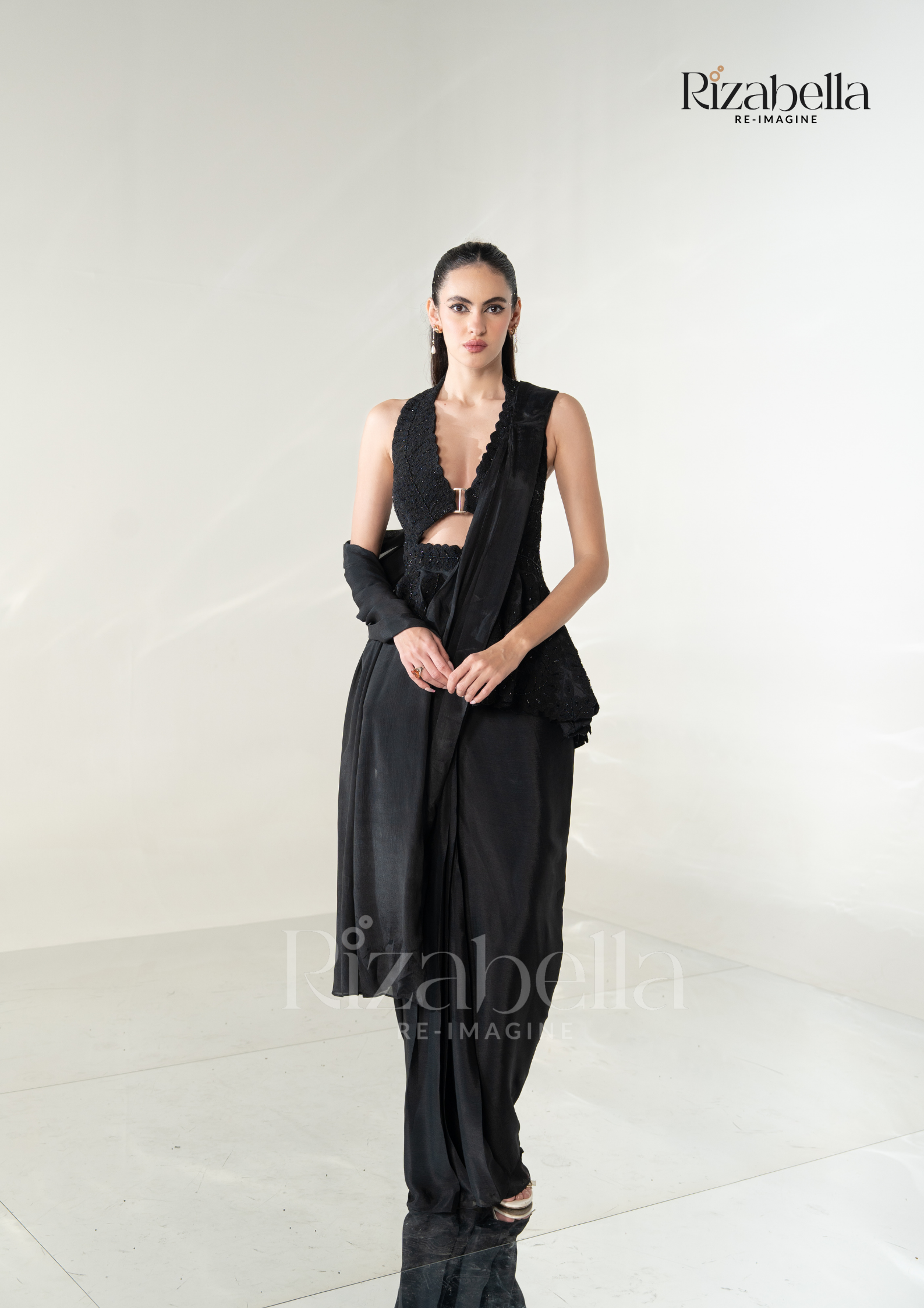 Black Luxe Peplum Drape Saree Set