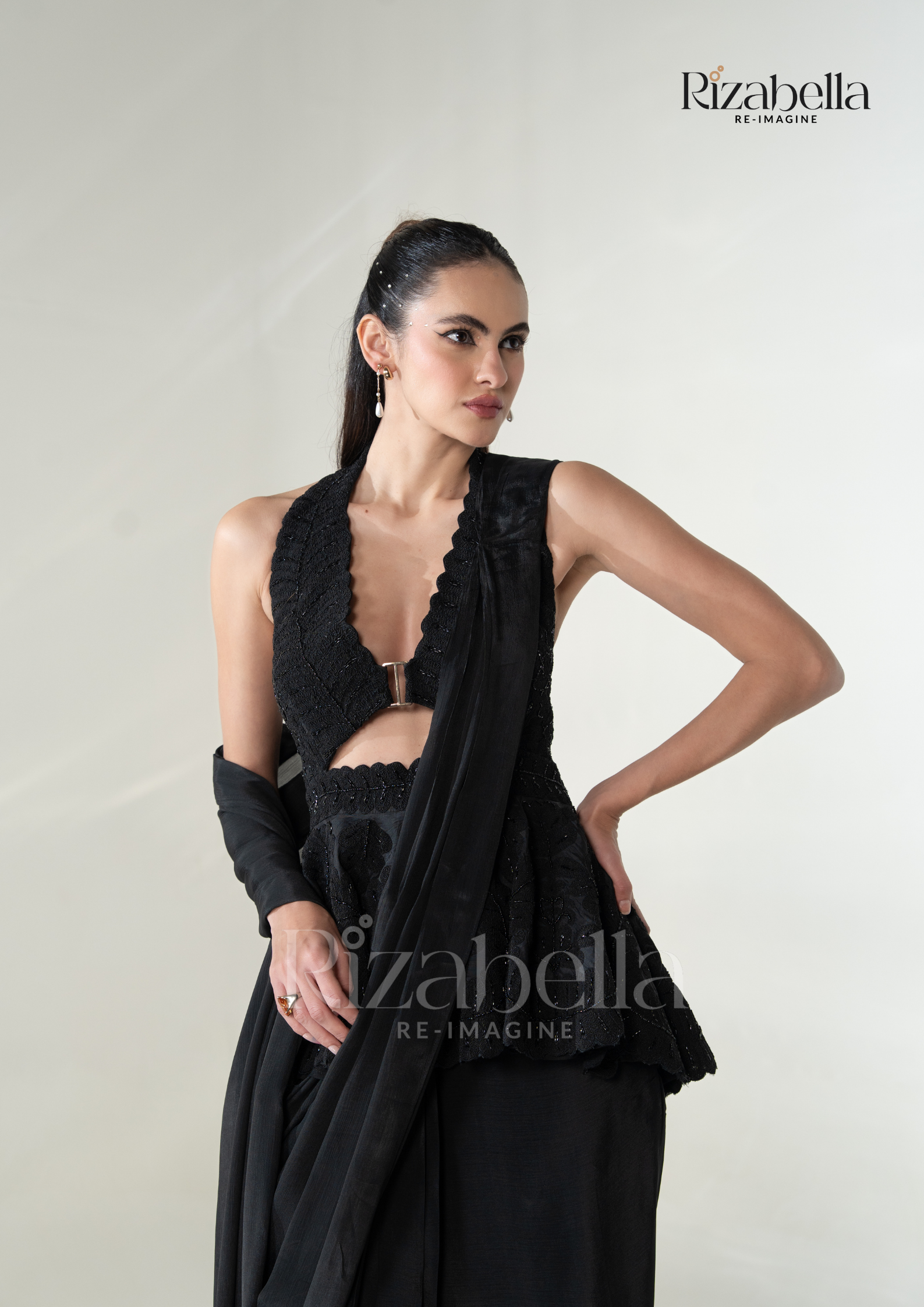 Black Luxe Peplum Drape Saree Set