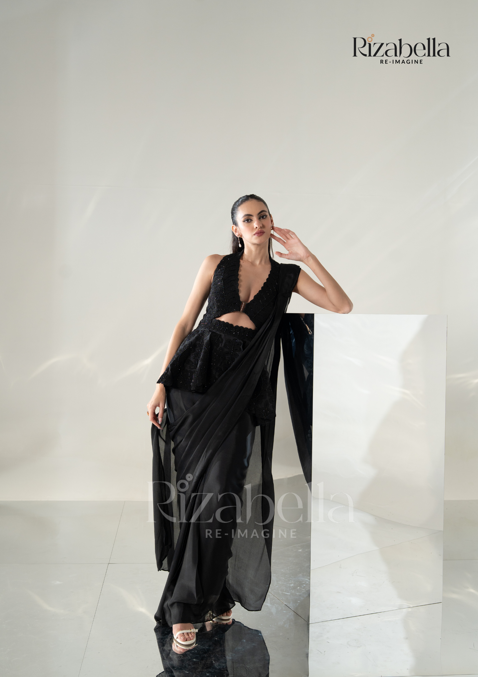 Black Luxe Peplum Drape Saree Set