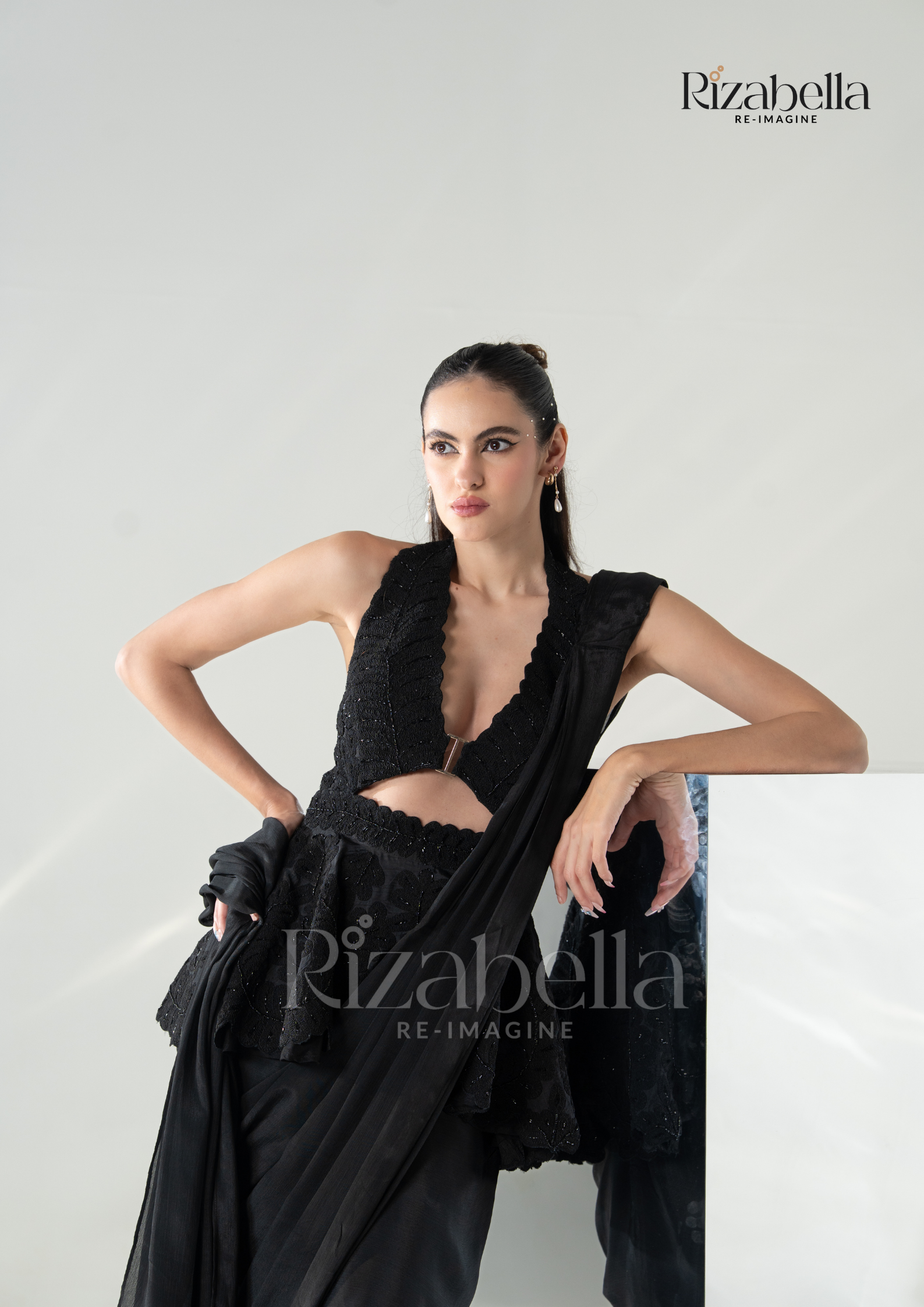 Black Luxe Peplum Drape Saree Set