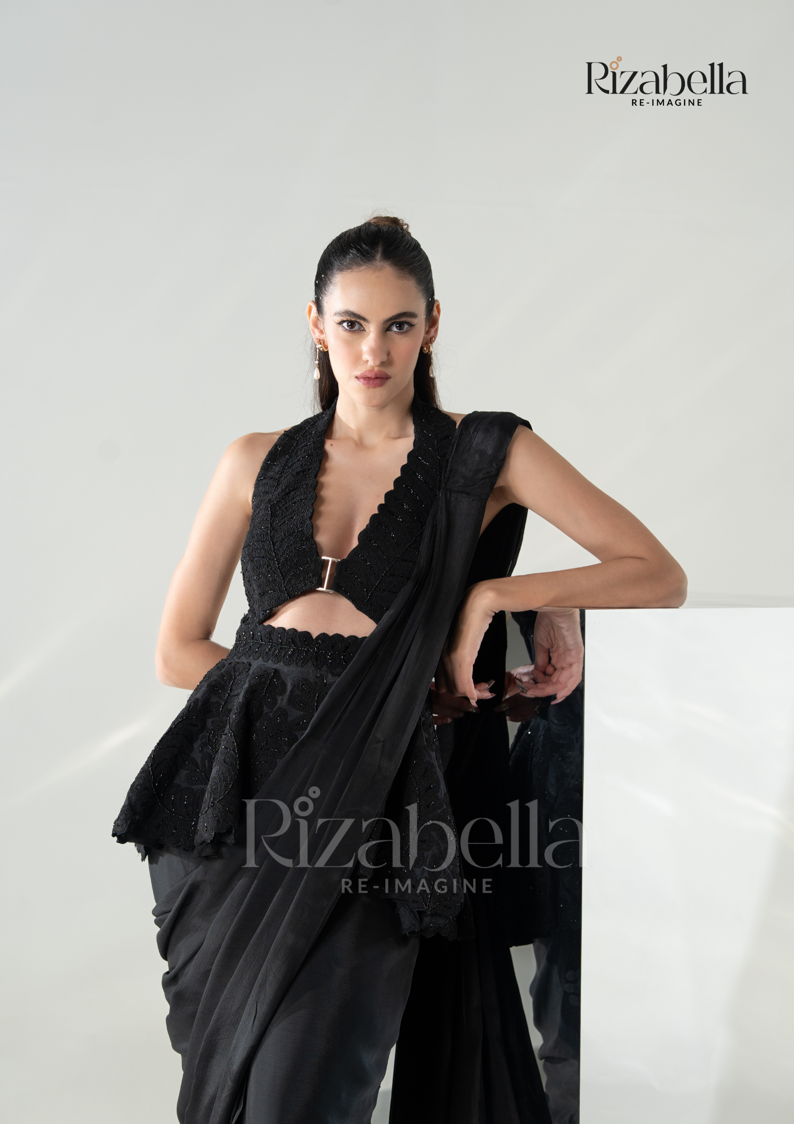 Black Luxe Peplum Drape Saree Set